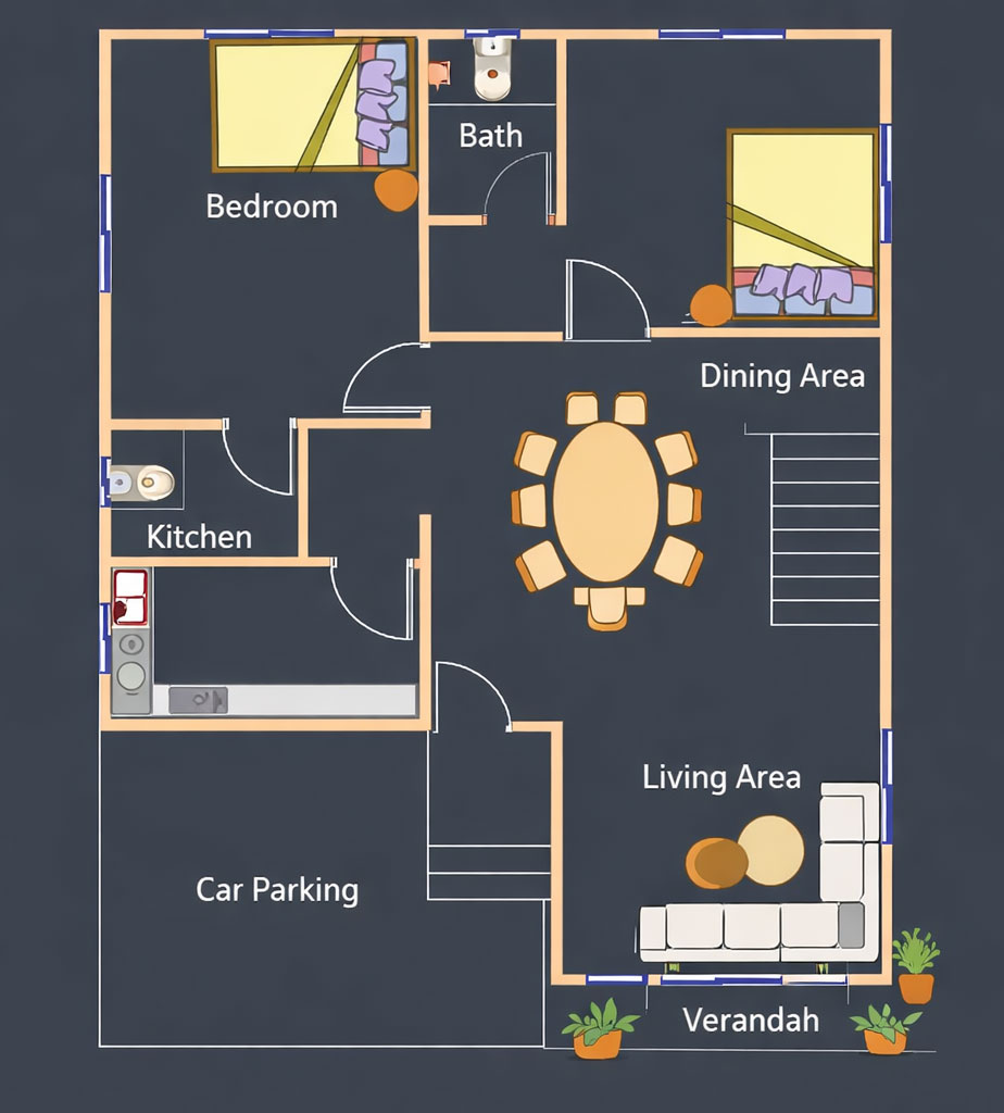 Home 18 30ft x 50ft house floor plan 2 bedroom 2 toilet 1 kitchen drawing dining
